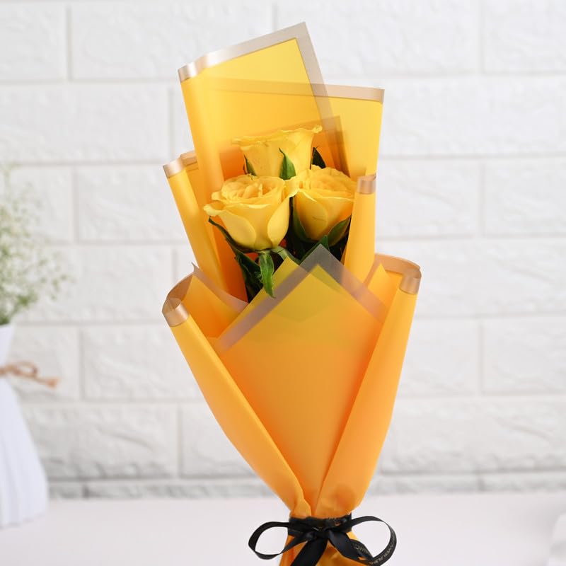 Image of FlowerAura Premium Fresh Live Flower Bouquet of 3 Yellow Roses In Designer Paper Gift For Birthday | Anniversary | Love | Home Decor | Fathers Day Gift For Dad (Same Day Delivery)