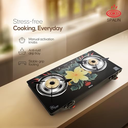 Image of 2 Burner Digital Glass Top Gas Stove | Manual Ignition | Floral Crystal Design | ISI Certified | High Efficiency Burners | Durable & Easy Clean Modern Kitchen Stove