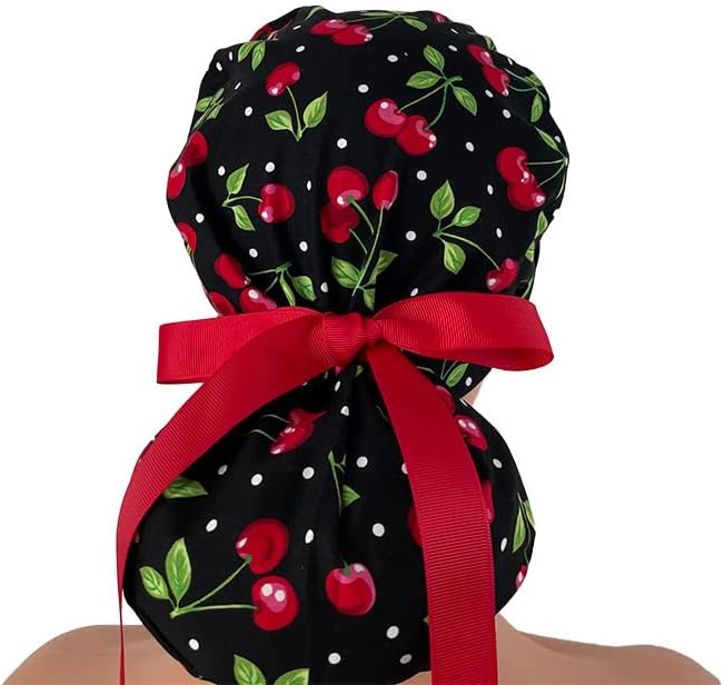 Turn Up Ponytail Medical Scrub Cap – Sweet Cherries - Hats for Dr, Nurses, Bouffant Scrubs, Unisex for Women & Men tie Back | Working Cap