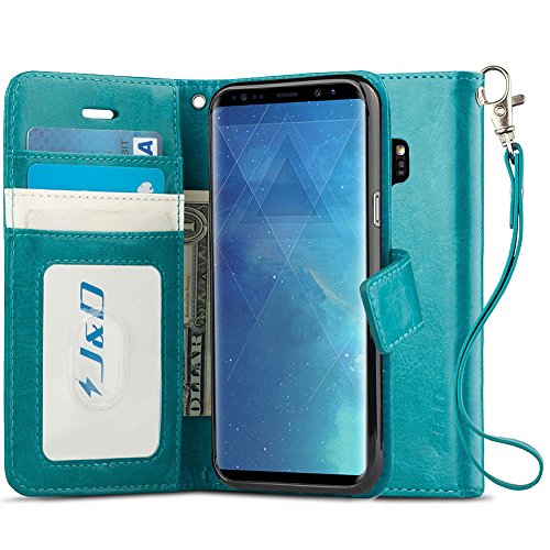 J&D Case Compatible for Samsung Galaxy S9 Plus Case, RFID Blocking Wallet Case, Slim Fit Heavy Duty Protective Flip Cover with Card Slots for Galaxy S9 Plus Wallet Case Aqua
