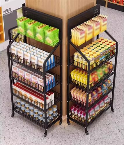 Generico Espositore in Metallo con Ruote e Ganci, Organizer Versatile a 4 Ripiani per supermercati - Ideale per Caramelle, Snack, Frutta e Pane