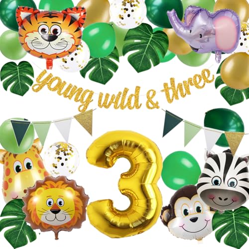 Jungle 3rd Birthday Decorations, Safari Birthday Party Wild Three Party Supplies Animals Head Foil Balloons Young Wild & Three Banner for Boy Girl 3 Year Old Decor (Jungle 3rd)