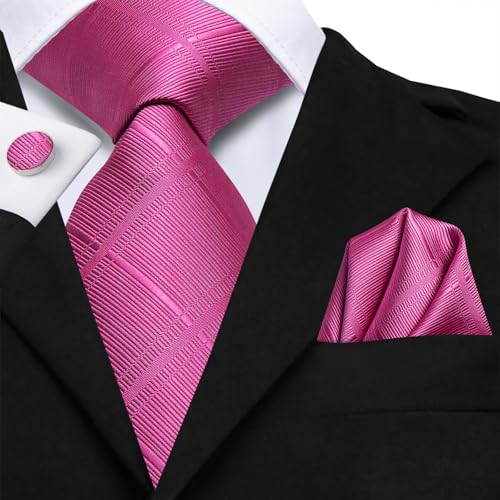 Image of Dubulle Ties for Men Silk Mens Paisley /FloraL /Striped Necktie and Handkerchief Cufflinks Wedding,Hot Pink