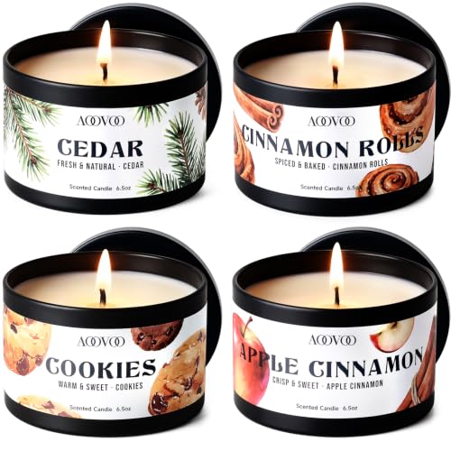 Image of AOOVOO Winter Candles Set- 4 Pack Scented Candles for Home Decor | 26oz 200 Hours Long Lasting Candle, Cinnamon Rolls, Cookies, Cedar, Apple Cinnamon Candle Gift, Non Toxic Soy Wax