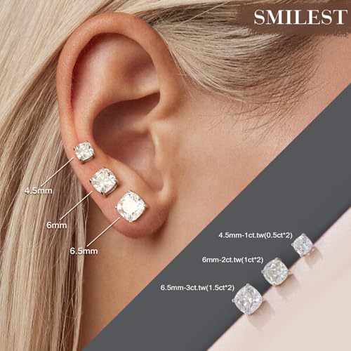 SMILEST 1-3 Carat Cushion Cut Moissanite Earrings for Women Men, D Color VVS1 Clarity Lab Created Moissanite Earrings 14K White Yellow Rose Gold Black Ruthenium Gold Vermeil Moissanite Stud Earrings3