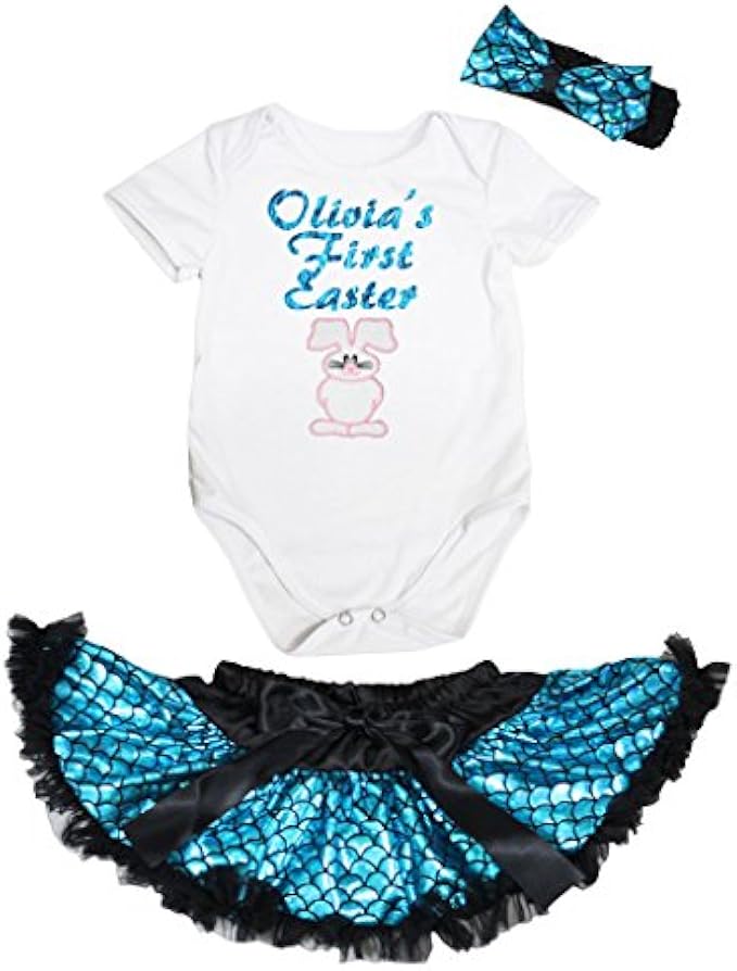 Petitebella Customize First Easter White Romper Blue Scales Baby Skirt Nb-12m