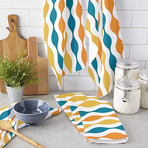 Absorbent Microfiber Kitchen Towels(Set Of 4),Mid Century Modern Pattern,Tea Towel For Kitchen/Bathroom Decorative Bar Towels,Geometric Yellow Turquoise,Ultra Soft Resuable Dish Towels Cloths Washable #TOP2