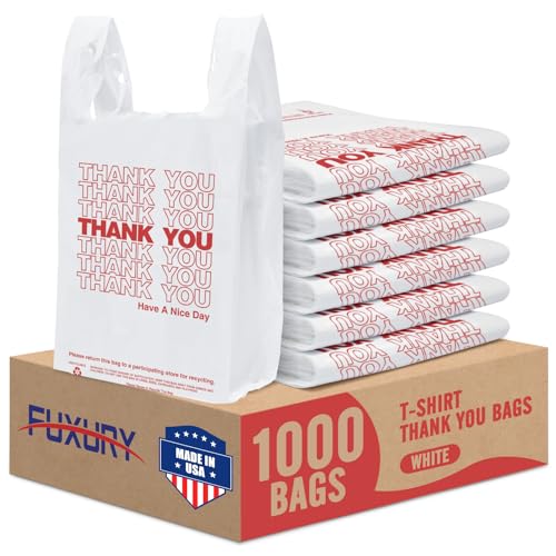 Fuxury 1000 Count Thank You Plastic Bags (11.5' x 6.5' x 21') White, T-shirt, Grocery, Take Out, To Go, Retail Shopping Bags in Bulk (Made in USA)