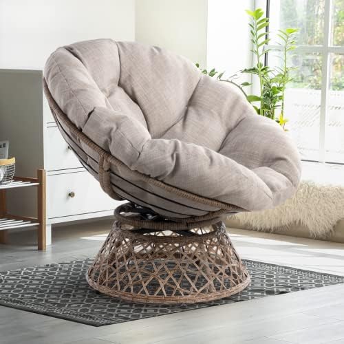 Bme Ergonomic Wicker Papasan Chair with Soft Thick Density Fabric Cushion, High Capacity Steel Frame, 360 Degree Swivel for Living, Bedroom, Reading Room, Lounge, Silver Cloud - Brown Base
