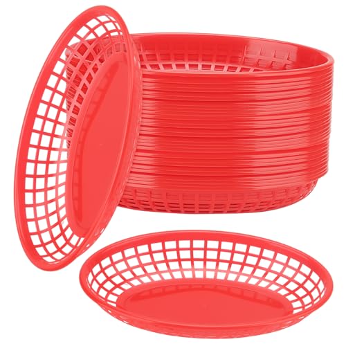 JIAYUET Paquete de 30 cestas ovaladas de plástico rojo para comida rápida, 22,5 x 14 x 3,5 cm, para patatas fritas, hamburguesas y frutas