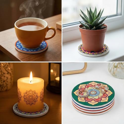 Image of HOBBY INDIA Rangoli Mandala Art Kit for Adults and Kids | DIY Tea Coaster Set of 6 with Painting Kit | Unique Art and Craft Kit Gift | Perfect Coaster for Office Desk, Dining Table Kitchen Decoration