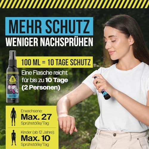 DEET 50% Mückenspray & Zeckenspray - Mückenschutz für Tropen und Outdoor - Insektenschutz gegen Mücken, Moskitos & Zecken - 100ml