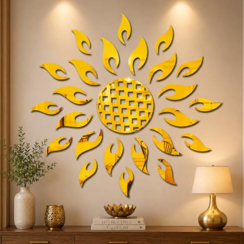 Image of Bikri Kendra - Sun Mirror Sticker for Wall, Acrylic Sticker, Decorative Mirror Sticker for Wall, Acrylic Stickers, Wall Stickers for Hall Room, Bedroom. (Gold Mandala)