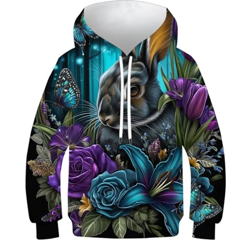 Sweat à Capuche imprimé 3D Lapin, un pull chaud avec poches pour ado de 13-15 ans