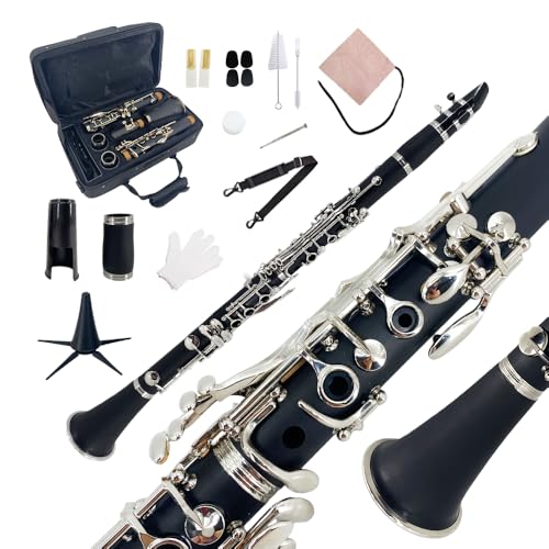 Foyarinal Bb Flat Clarinet for Beginner Ebonite 17 Keys Clarinet - Includes reeds mouthpiece cork grease gloves cleaning cloth hard case stand. Suitable for Woodwind Instruments Students