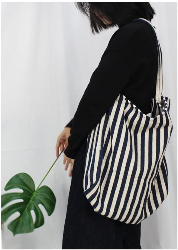 2 Pcs Lightweight Soft Casual Striped Canvas Shopping Tote Bags with Inner Pocket - Image 3