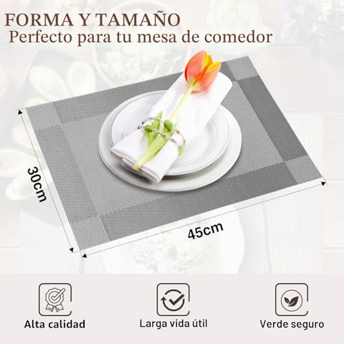 Miniatura 2 de Gucass Juego De 8 Manteles Individuales Lavables, Salvamanteles Individuales Plásticos, Antimanchas Resistentes Al Calor Mantel Individual, Mantel Mesa Rectangular Para Mesa, 30x45cm, Gris