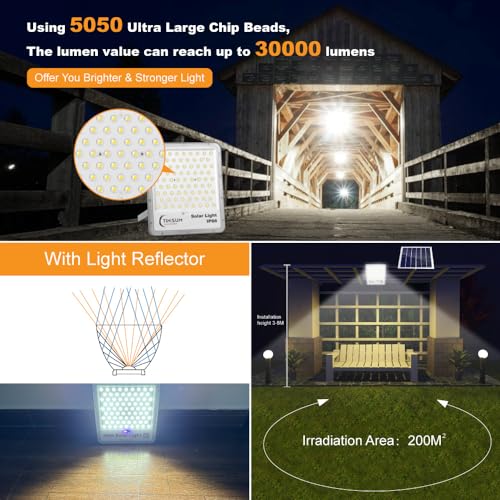 TINSUM Solar Flood Lights Outdoor, 2 Pack 600w Solar Street Light IP67 Waterproof 32000LM White LED Dusk to Dawn Security Commercial Lighting for Parking Lot,Stadium,Patio,Barn,Garage,Pathway by TIN SUM SOLAR ENERGY - Used condition - Image 2