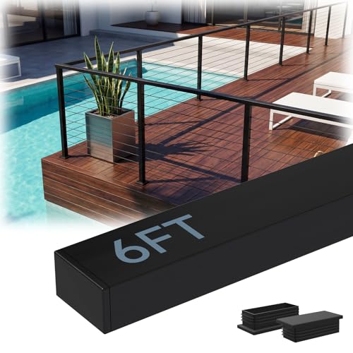 Image of Modular 1Pack 6FT Stainless Steel T304 Black Handrail for Cable Railing with Nylon End Cap Kits, 2.36 inch W x 1.18 inch H Cuttable Flat Handrail Rectangular Top Rail for Stair Railing Indoor Outdoor