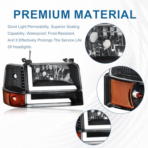 Image of LED DRL Headlights Compatible with 1992-1996 Ford F150 F250 F350 & Ford Bronco Replacement Headlamp Amber Reflector Black Housing