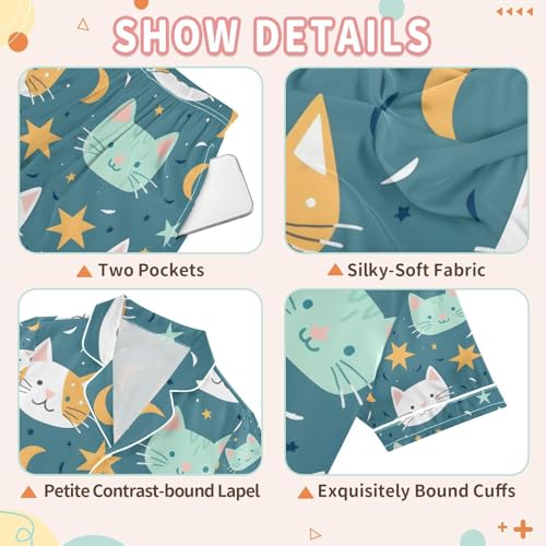 senya Cute Cat Face and Stars Satin Summer Pajama Sets Silk Short Sleeve Button Down Sleepwear3
