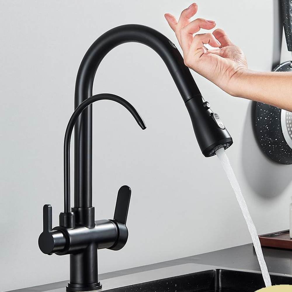 Robinet de cuisine à filtre tactile noir mat, mitigeur évier double mode eau pure de cuisine