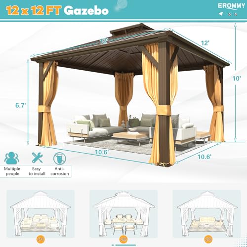 EROMMY 12' x 12' Hardtop Gazebo, Aluminum Frame Gazebos with Galvanized Steel Double Roof, Permanent Outdoor Metal Pavilion with Curtain and Netting for Patio, Lawn, Deck - Image 2
