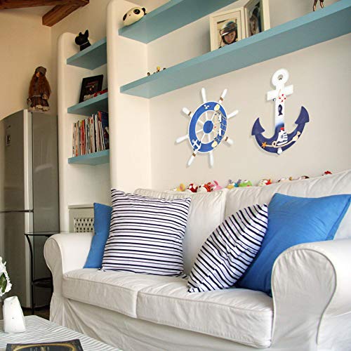 Estart 2 Pack 13” Nautical Decor Beach Wooden Ship Steering Wheel And Anchor With Fishing Net Rope, Nautical Boat Rudder Wall Decoration Door Hanging Ornament, Beach Theme Decor (2) #TOP6