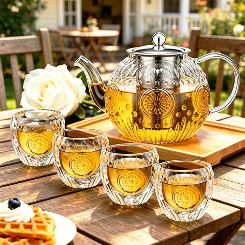 Image of Amzcku 50OZ /1500ml Vintage Glass Teapot Set with 4 Cups, Teapot Set with Removable Infuser Stovetop Safe, Borosilicate Glass Tea Kettle for Blooming & Loose Leaf Tea