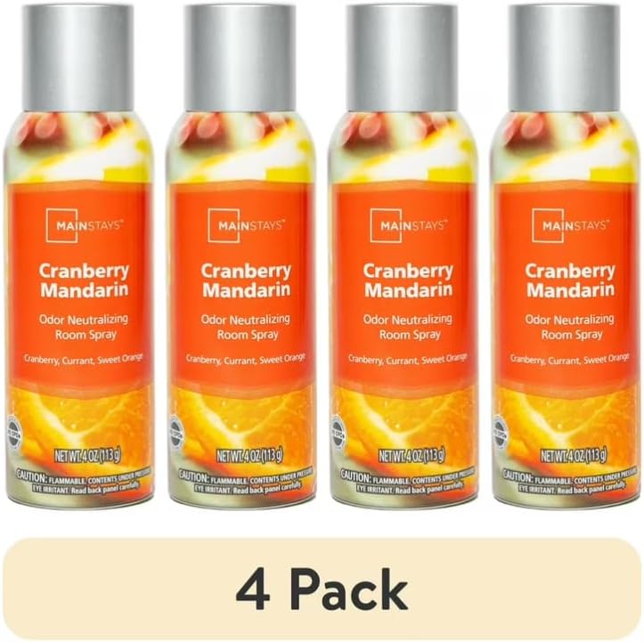 Mainstays Odor Neutralizing Room Spray – Cranberry Mandarin Scent, 4 oz Aerosol (Pack of 4) – Eliminates Odors, Instant Fragrance, for Home, Office or Car