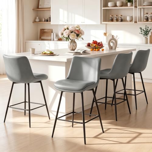 Image of Counter Height Bar Stools Set of 4, FSC Certified Upholstered Faux Leather Barstools with Back, Metal Base, 27 inch Seat Height, Modern Upholstered Counter Stools for Kitchen Island,(Gray