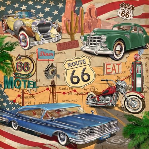 BELECO 10x10ft Fabric Vintage Route 66 Themed Photography Backdrop Comic Retro Road Map Motel Motorcycle Classic Cars American Historic Route 66 Background for Birthday Party Decorations Photo Props