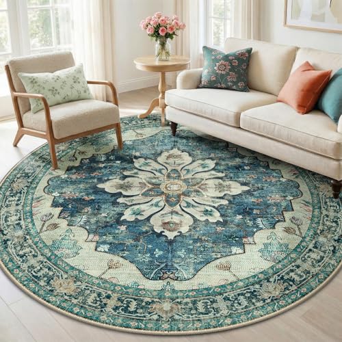 RELEANY Washable Area Rug, Round 6ft, Blue/Vintage Dark Blue