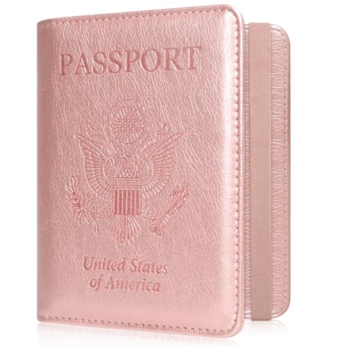 ACdream RFID BLOCKING Passport Holder Travel Wallet, Premium PU Leather Cover Passport book with Card Holder, Pen Slot, Keep Organization, Travel Essentials for Women/Men, **Rose Gold, S to M