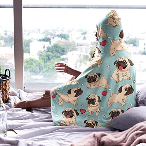 321Design Pug Pet Dog Wearable Blanket Fleece Hooded Robe Cloak Throw Quilt Poncho Microfiber Sherpa Plush Warm Wrap Multiple-Size Child(50"X40"In) #TOP5