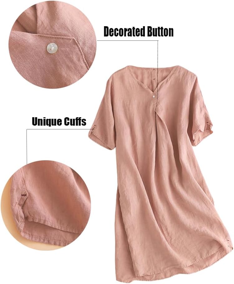 Minibee Women's Summer T Shirt Dress V Neck Linen Casual Tunic Short Sleeve Boho Flowy Sun Dresses - Image 5