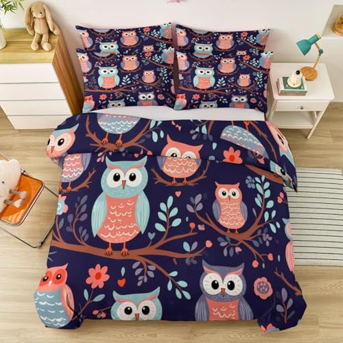 Funda Nórdica de Halloween 200 x 200 cm - Lindo Pájaro Búho Juego de Funda Nórdica de Fácil Cuidado 3 Piezas, Negro Suave Microfibra para Niños Niñas Adolescente