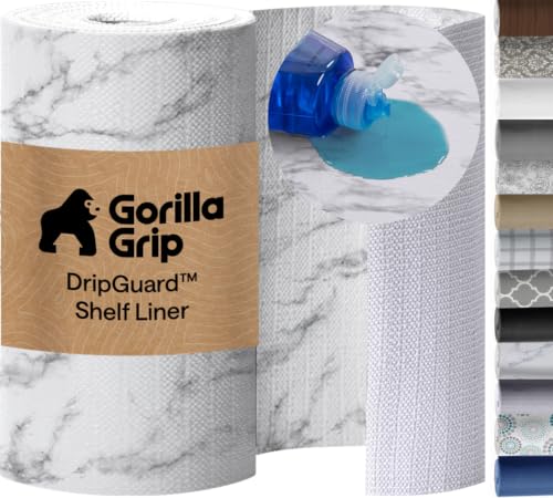 GORILLA GRIP DripGuard Shelf Liner, Non-Adhesive Drawer and Kitchen Cabinet Protector, Strong Grip Slip Resistant Underside, Smooth Surface Liners for Cabinets, Bathrooms, Closets, 12x240 Inch, Marble