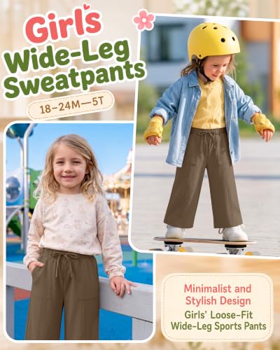 Image of Toddler Girls Wide Leg Pants | Baby Girls Sweatpants, Baggy Drawstring Pants with Pockets, Open Bottom Joggers, Back to School Trousers, for Kids 18M-5T