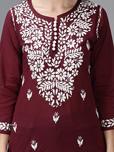 Image of Seva Chikan Hand Embroidered Lucknowi Chikankari Cotton Short Top Tunic for Women SCL9017