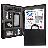 GraduatePro Zippered Leather Padfolio Portfolio with Hidden Handle and Clipboard, Business Conference Organizer Notepad Folder for Women Men, Black