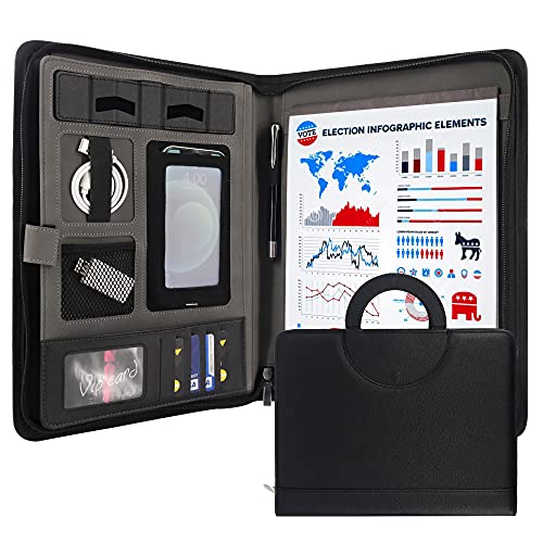 GraduatePro Lederen Padfolio Portfolio met verborgen handvat en klembord, zakelijke conferentie organisator Notepad map voor vrouwen mannen, zwart