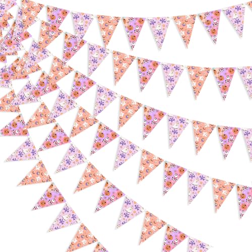Wonmelody 3-Piece Pennant Banner Triangle Flags with Ghost, Pumpkin, Bats for Halloween, Boho, Groovy Party