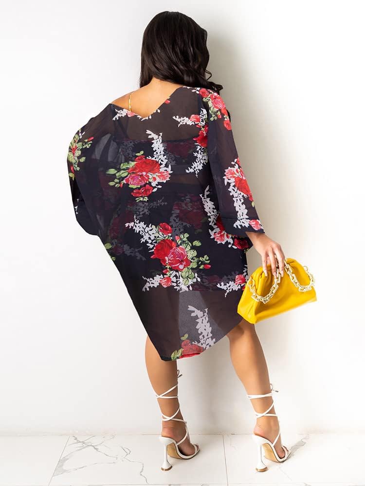 KEYUFANG Women 3 Piece Vocation Outfits Summer Suit Floral Kimono Cardigans Beach Cover Up Crop Cami Top Short Set - Image 2