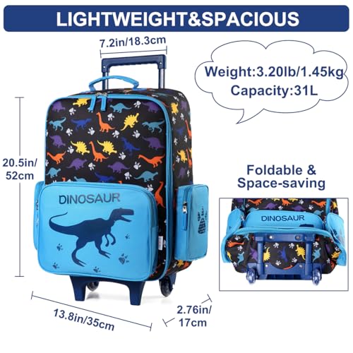 Image of VASCHY Rolling Luggage for Kids, Cute Travel Suitcase for Boys Girls with Wheels, Blue Dinosaur, 13.78 x 6.69 x 20.47 inches