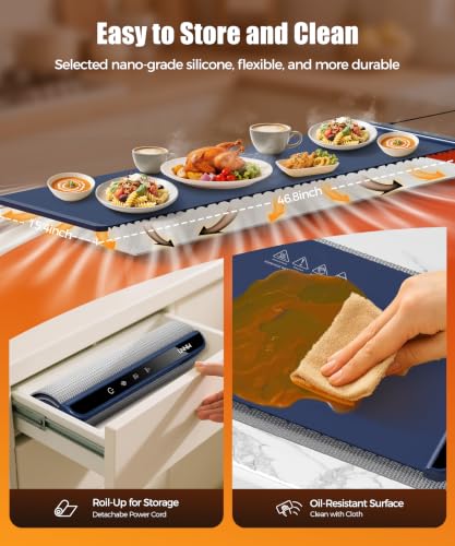 Image of Warming Mat for Food, 46x15 Inch, Dark Blue, Fast Heat, Child Lock | Includes heat-resistant pad. Perfect for chafing dishes, buffet & parties. Easy to clean & store. 6 settings, timer & lock.