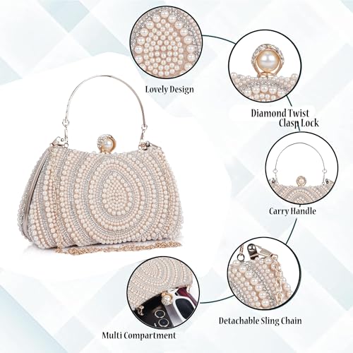 Image of Lady Quinton Pearl and Rhinestone Evening Clutch Bag, Bridal Party Handbag with Chain Strap