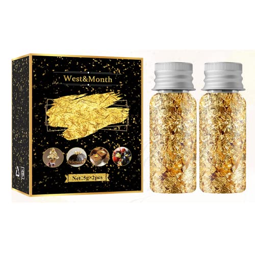 Blattgold Essbar für Torten Blattgold Zum Basteln 2 Flaschen Essbares Blattgold für Torten Blattgoldflocken Folie Cupcake Cake Topper für Kuchen Pralinen Lebensmitteldekoration Essbare Goldblätte Cover