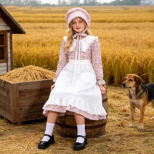 Disfraz colonial floral para niña con delantal y cofia miniatura 4