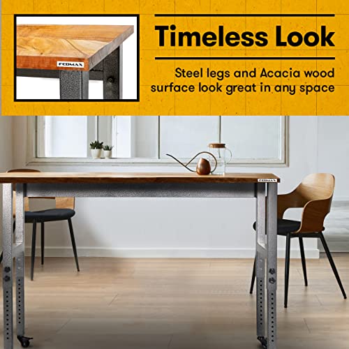 Fedmax Work Bench - 61" Rolling Portable Workbench For Garage - Metal With Acacia Hardwood Top, Adjustable Legs #TOP7